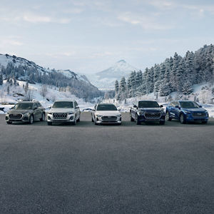 View of Audi models parked next to each other.